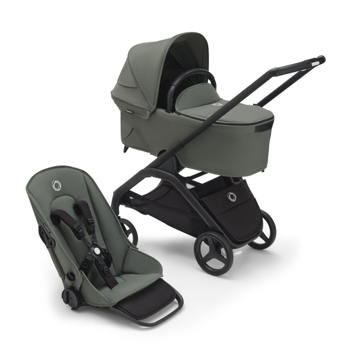 Bugaboo Dragonfly seat and bassinet complete - Black/Forest Green (Special Order (allow extra time for delivery))