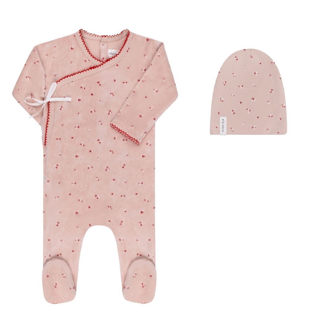 Ely's & Co Velour Cluster Flower Footie & Cotton Beanie - Pink Ely's & Co Velour Cluster Flower Footie & Cotton Beanie - Pink