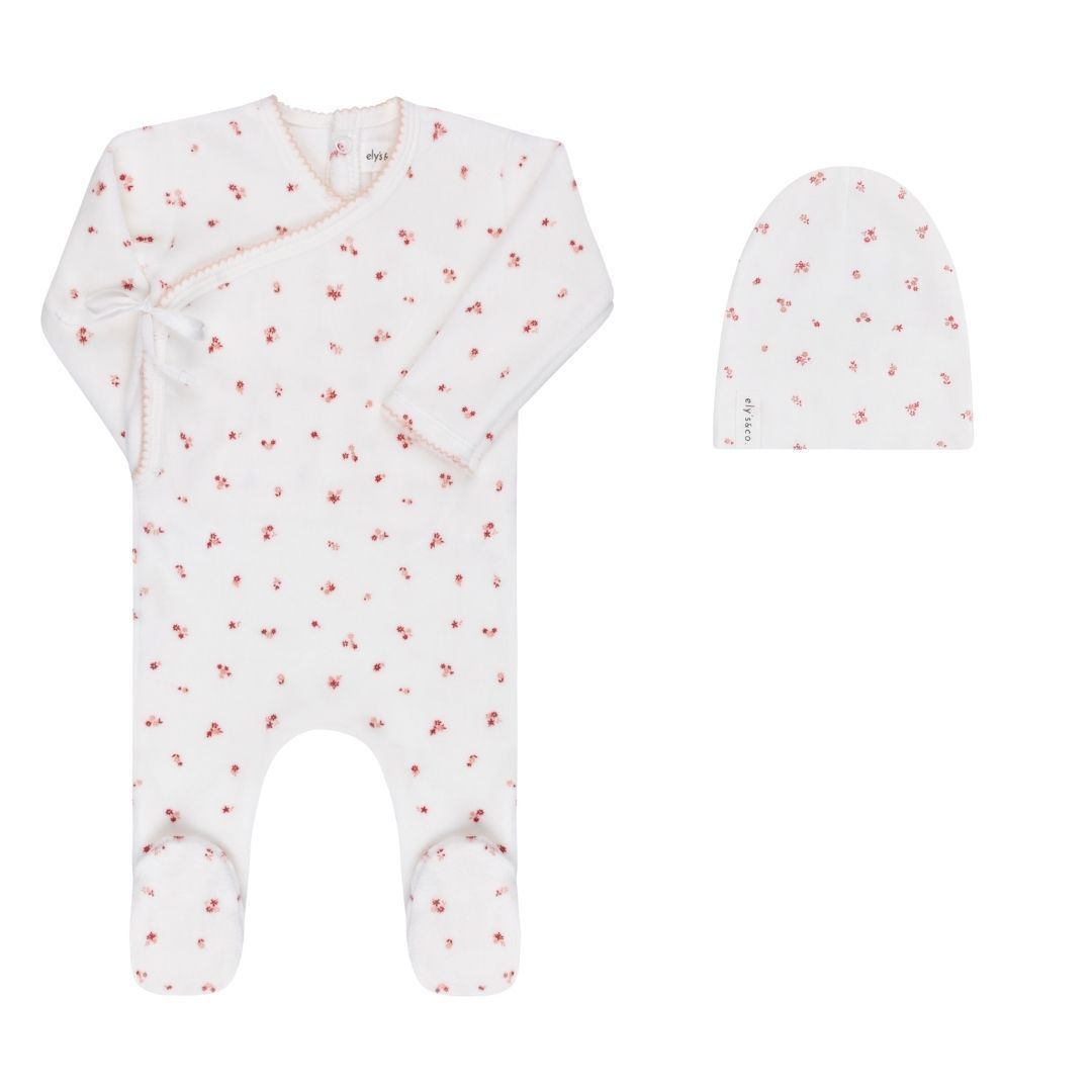 Ely's & Co Velour Cluster Flower Footie & Cotton Beanie - Pink Ely's & Co Velour Cluster Flower Footie & Cotton Beanie - Pink