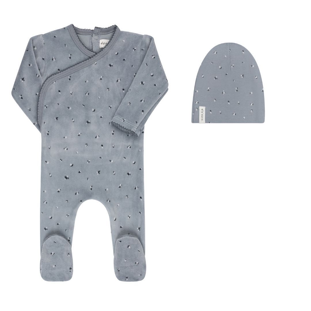 Ely's & Co Velour Cluster Leaf Footie & Cotton Beanie - Blue Ely's & Co Velour Cluster Leaf Footie & Cotton Beanie - Blue