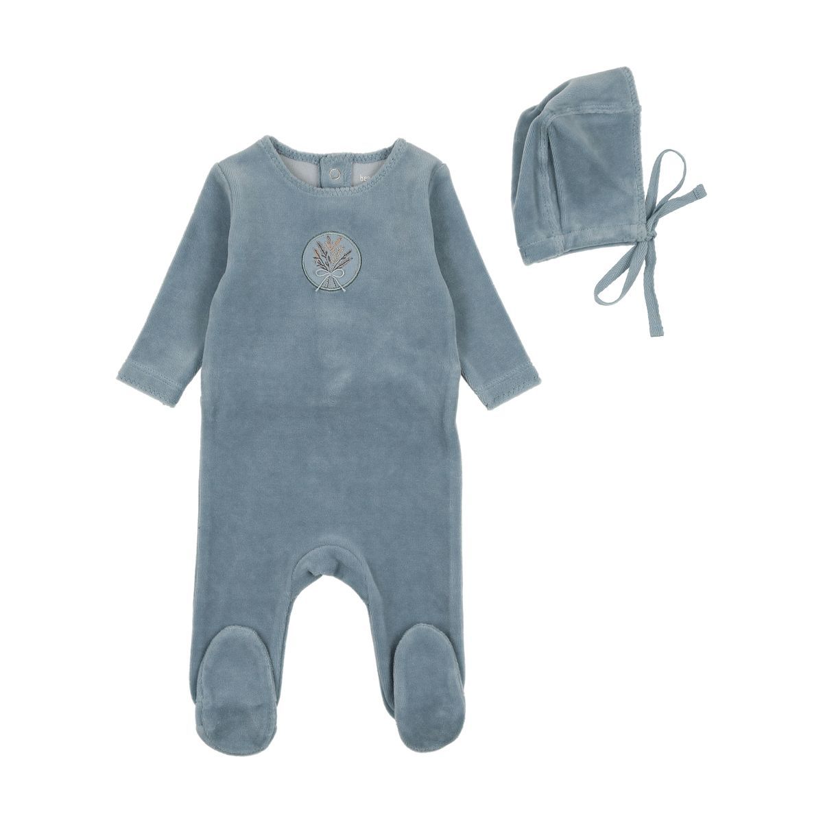 Bee & Dee Embroidered Safety Pin Footie with Beanie - Blue Smoke Bee & Dee Embroidered Safety Pin Footie with Beanie - Blue Smoke