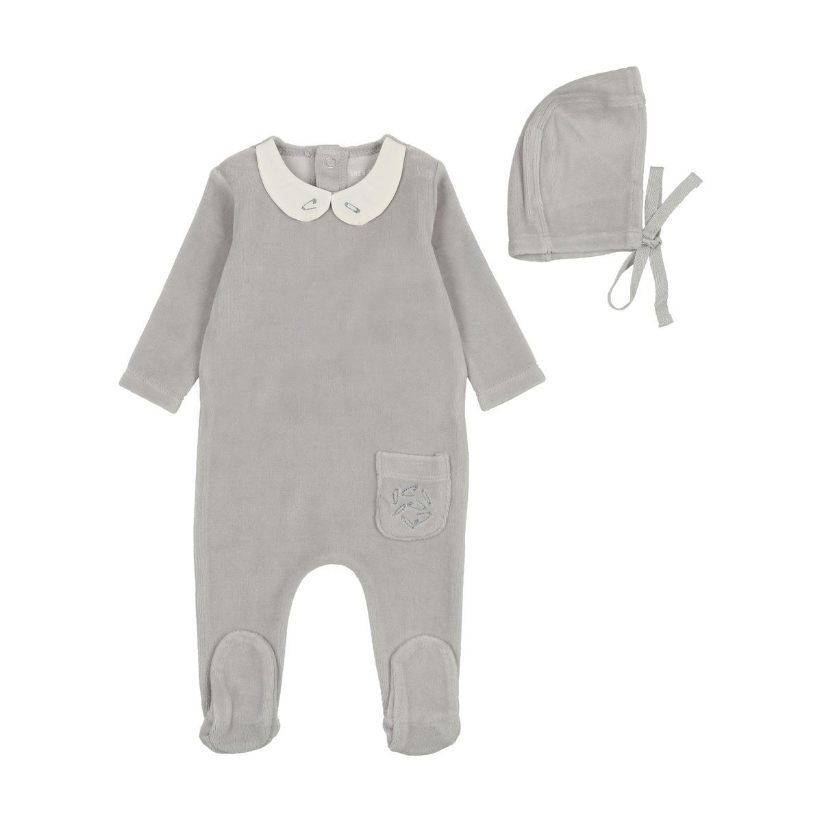 Bee & Dee Embroidered Safety Pin Footie with Beanie - Blue Smoke Bee & Dee Embroidered Safety Pin Footie with Beanie - Blue Smoke