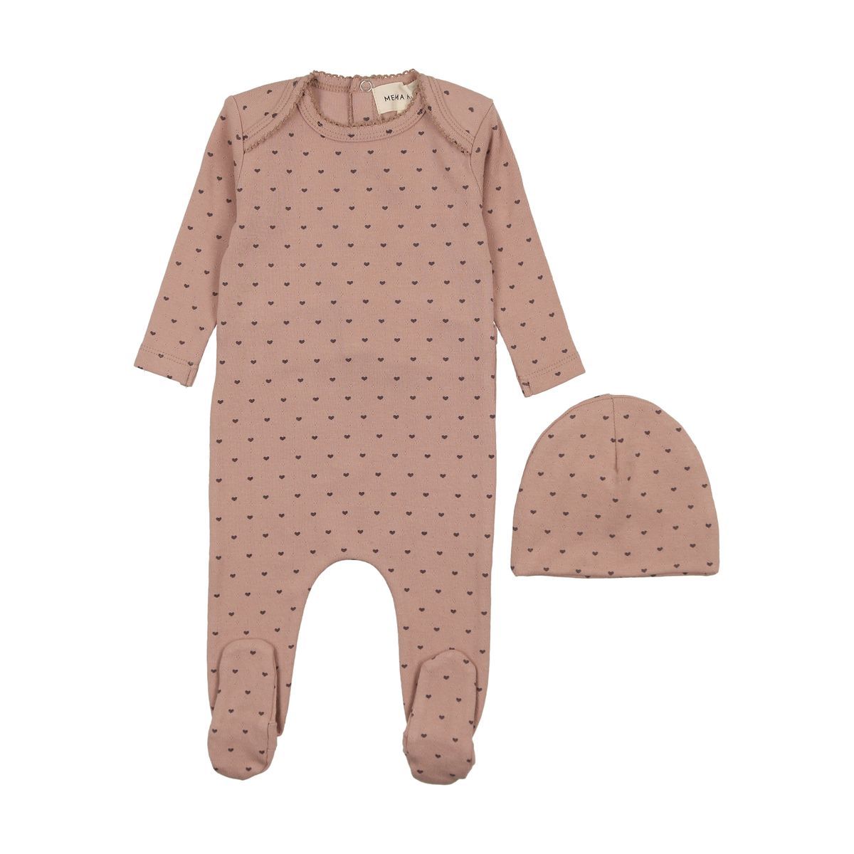Mema Knits Pointelle Heart Footie + Beanie - Pale Pink Mema Knits Pointelle Heart Footie + Beanie - Pale Pink