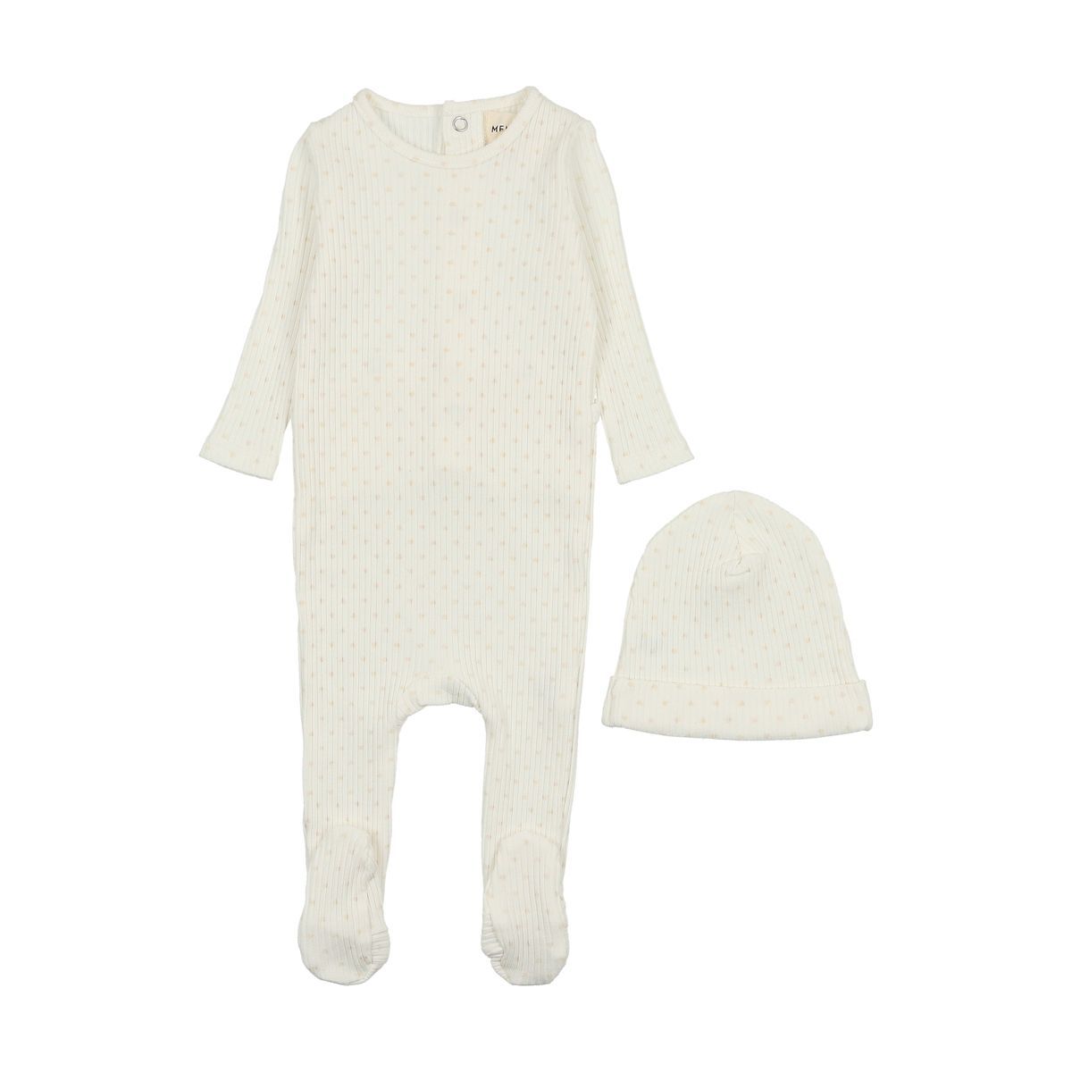 Mema Knits Wide Ribbed Heart Textured Footie + Beanie - Winter White / Rose Hearts Mema Knits Wide Ribbed Heart Textured Footie + Beanie - Winter White / Rose Hearts