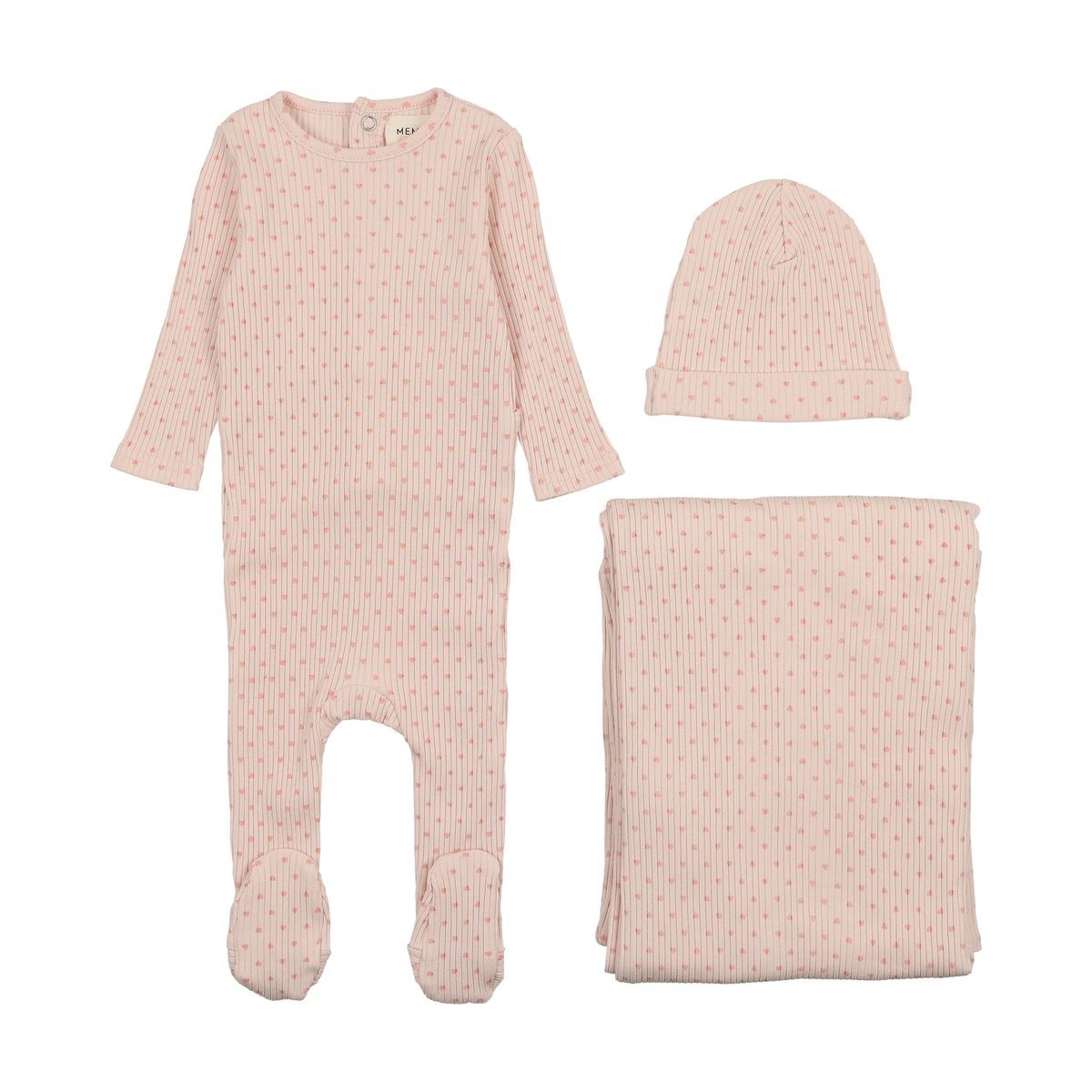 Mema Knits Wide Ribbed Heart Textured 3PC Set - Pink Tint / Rose Hearts Mema Knits Wide Ribbed Heart Textured 3PC Set - Pink Tint / Rose Hearts