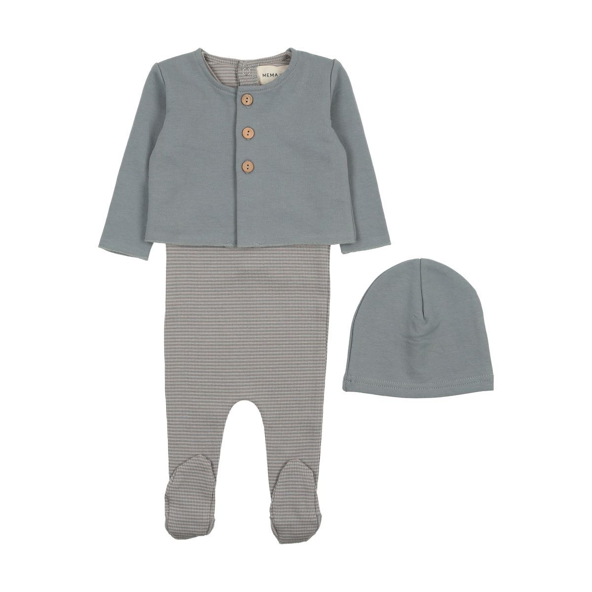 Mema Knits Striped Footie & Cardigan + Beanie - Dove Mema Knits Striped Footie & Cardigan + Beanie - Dove