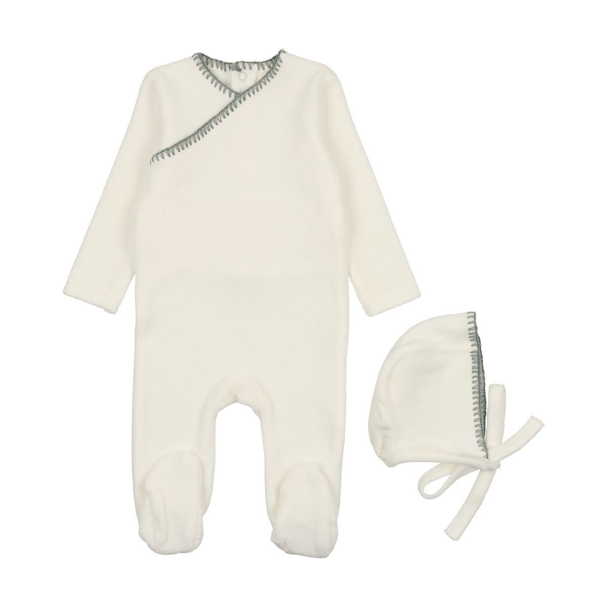 Mema Knits Velour Embroidered 3PC Set - Cream / Dove Blue Mema Knits Velour Embroidered 3PC Set - Cream / Dove Blue