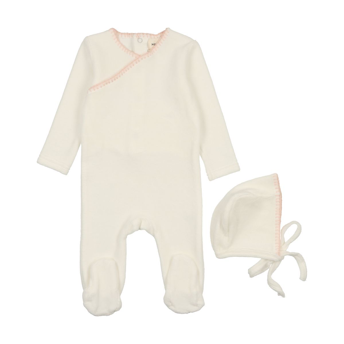 Mema Knits Velour Embroidered 3PC Set - Cream / Dove Blue Mema Knits Velour Embroidered 3PC Set - Cream / Dove Blue
