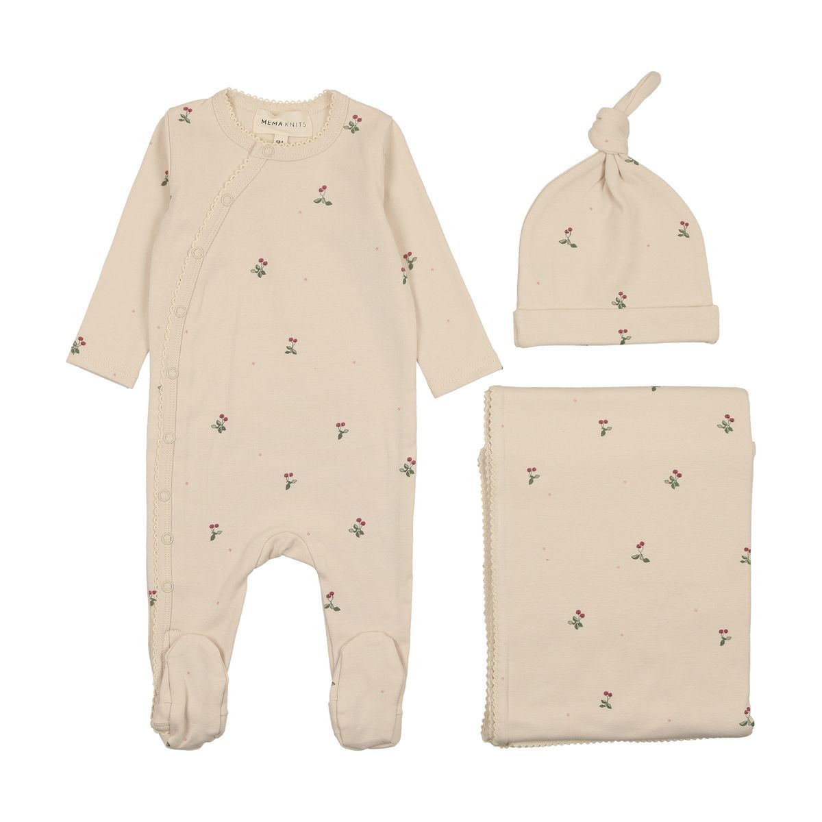 Mema Knits Picot Edge 3PC Set - Ecru / Cherry Print Mema Knits Picot Edge 3PC Set - Ecru / Cherry Print