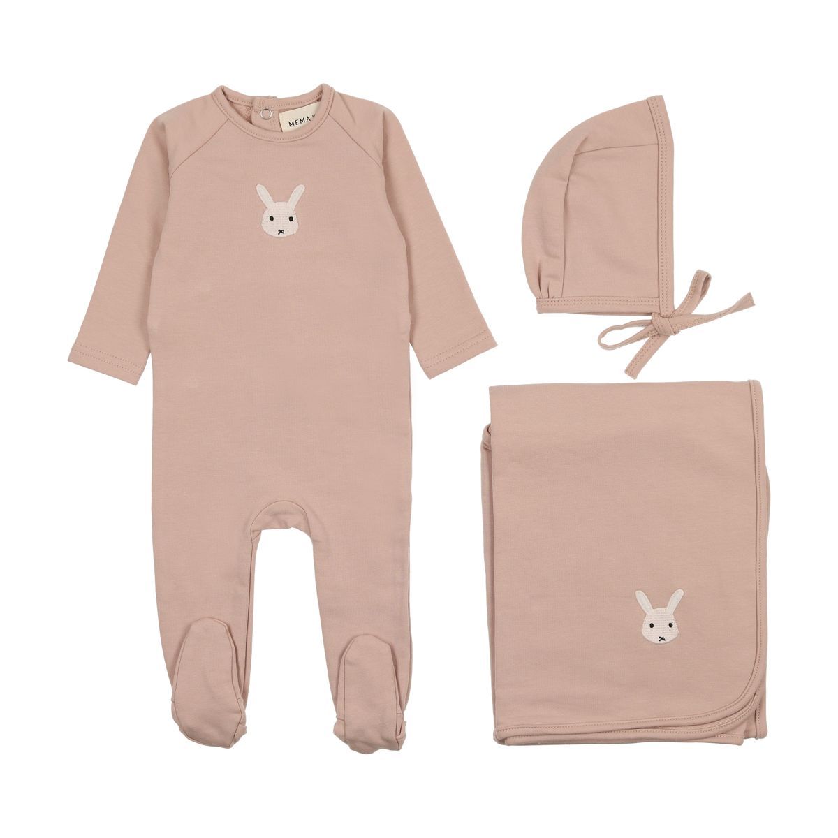 Mema Knits French Terry Embroidered Animal Footie + Bonnet - Pale Pink Mema Knits French Terry Embroidered Animal Footie + Bonnet - Pale Pink