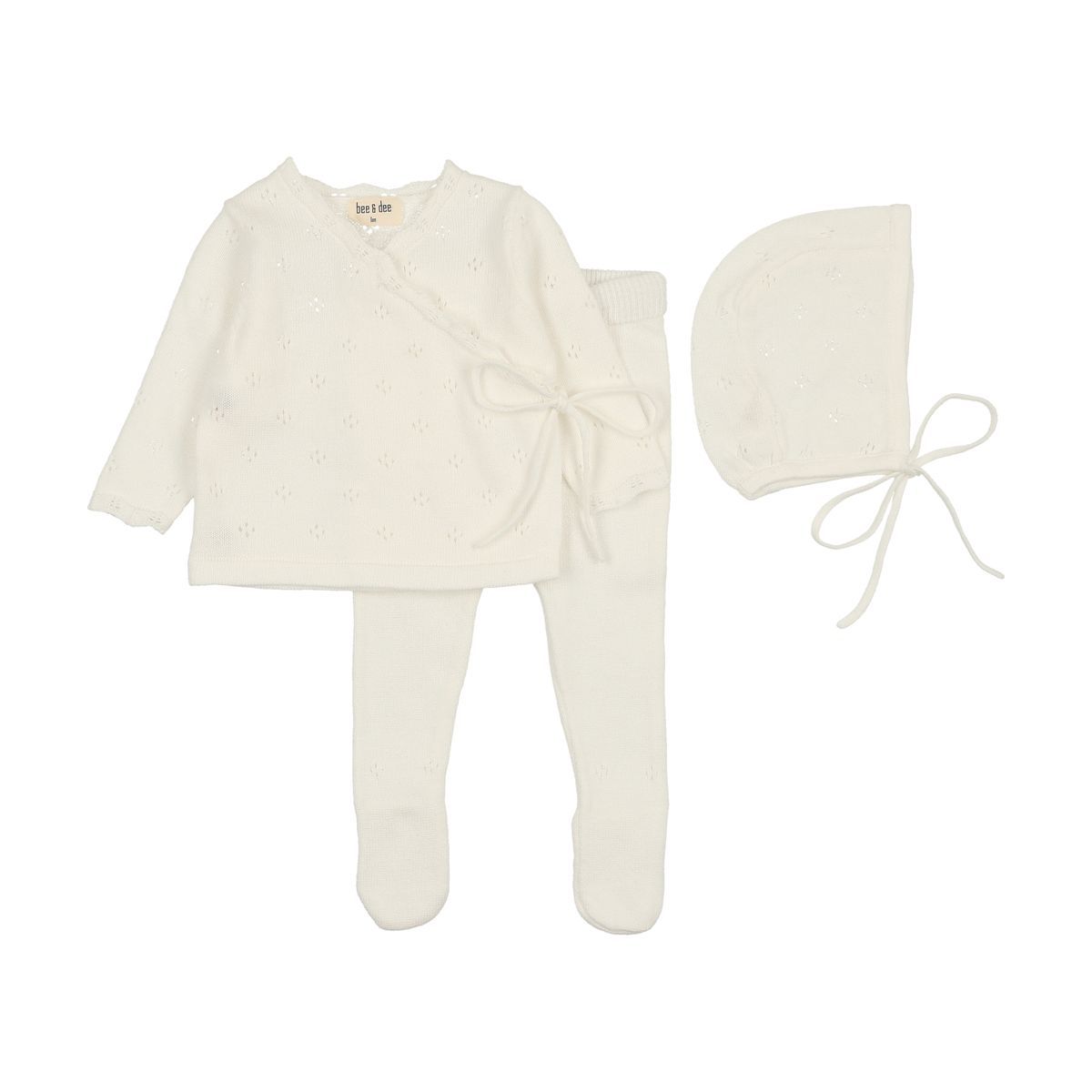 Bee & Dee Pointelle Wrap Romper & Bonnet - Arctic White Bee & Dee Pointelle Wrap Romper & Bonnet - Arctic White