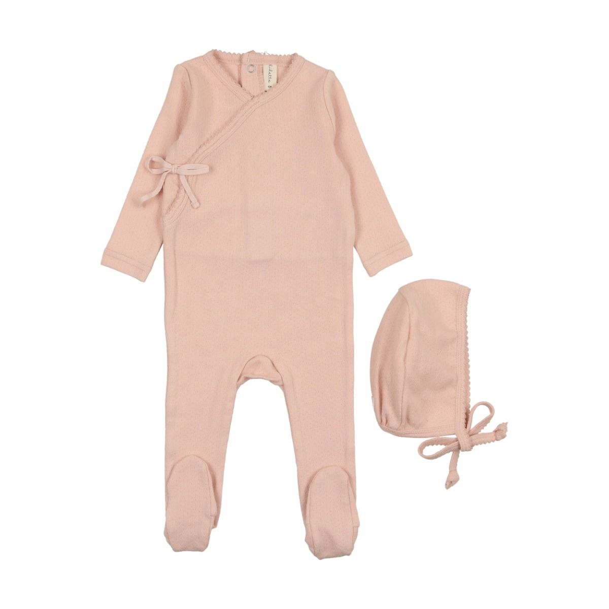 Lilette Pinpoint Wrapover Footie & Bonnet - Peach Lilette Pinpoint Wrapover Footie & Bonnet - Peach