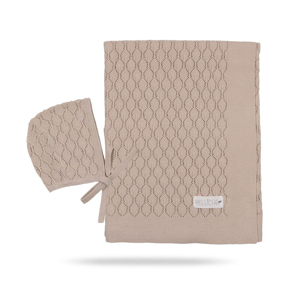 Fine Pointelle Blanket & Bonnet-Tan Fine Pointelle Blanket & Bonnet-Tan
