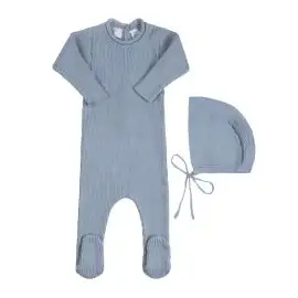 FELTMAN BROTHERS RIBBED COLLARED ROMPER WITH HAT VINTAGE BLUE