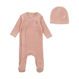 Bee & Dee Velour Embroidered Edge Footie With beanie Dusty Pink