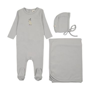 Mema Knits EMBROIDERED FOOTIE THREE PIECE SET Gray Dawn / Yellow Duck 