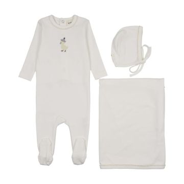 Mema Knits EMBROIDERED FOOTIE THREE PIECE SET Winter White / Yellow Duck
