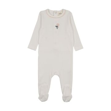 Mema Knits EMBROIDERED FOOTIE Winter White / Pink Flower