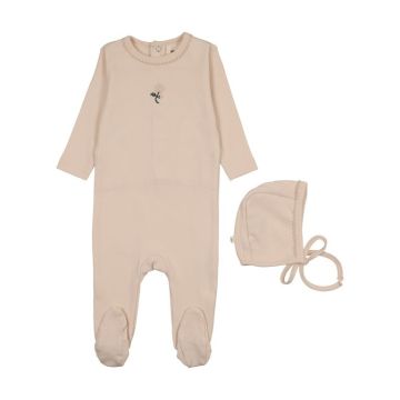 Mema Knits EMBROIDERED FOOTIE + BONNET Light Pink / Pale Pink Flower