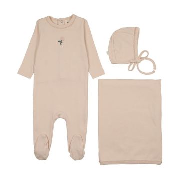 Mema Knits EMBROIDERED FOOTIE THREE PIECE SET Light Pink / Pale Pink Flower