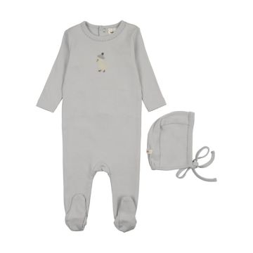 Mema Knits EMBROIDERED FOOTIE + BONNET Grey DAwn/Yellow Duck