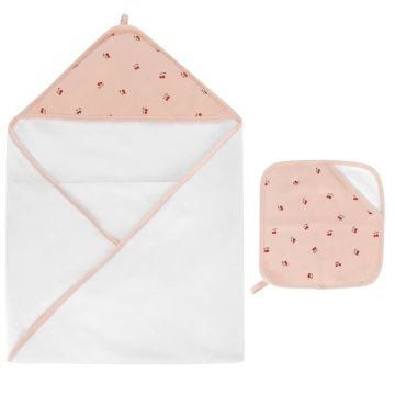 Ely's & Co Hooded Towel + Pocket Wash Cloth - Pink Cherries