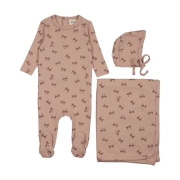 Mema Knits BOW PRINT POINTELLE FOOTIE THREE PIECE SET 