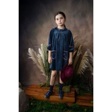 Belati Velvet Corduroy Dress with Embroidered Floral Crest Navy