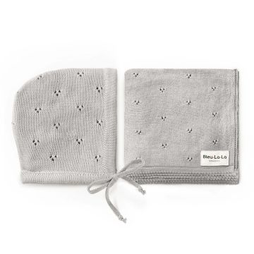 Bleu la la knit pointelle blanket and bonnet gift set grey