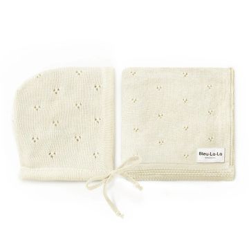 Bleu la la knit pointelle blanket and bonnet gift set ivory 