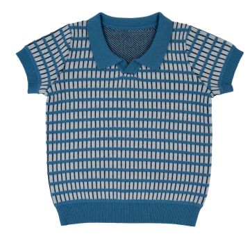 Rompp Windowpane Knit Short Sleeve Sweater-Blue 