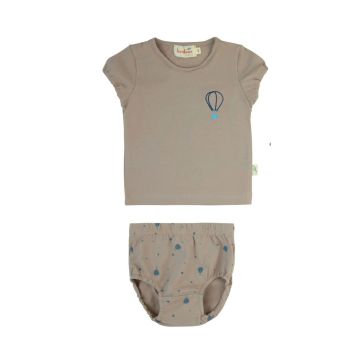 Bondoux Air Balloon Print Short Set-Beige Solid Top
