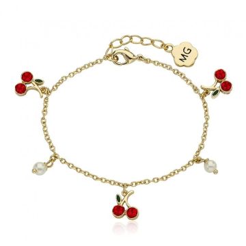 Molly Glitz Cherry Delight Gold Plated Crystal Cherries & Fresh Water Pearl Charm Bracelet