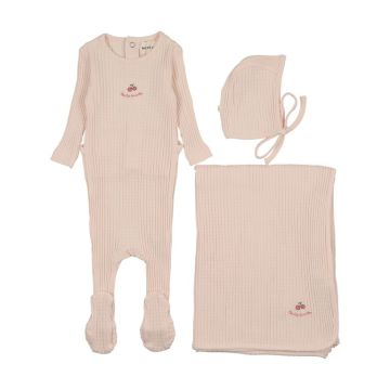 mema Knits EMBROIDERED TEXTURED FOOTIE THREE PIECE SET