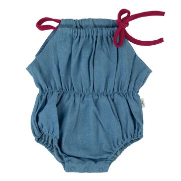 Bondoux Terry & Denim Romper-Blue/Pink string 