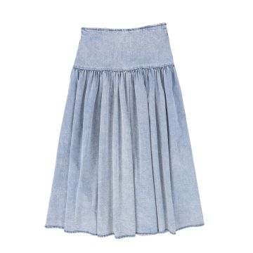Viva Valentina Drop Waist Pleated Maxi Skirt Lt Blue Denim