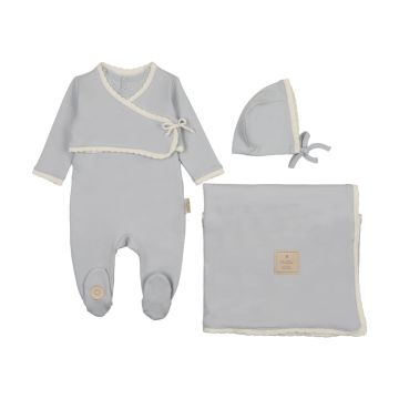 Mon Tresor Scalloped Wrap Cardigan Layette Set Blue Dawn