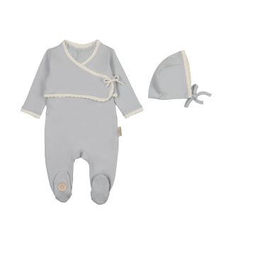 Mon Tresor Scalloped Wrap Cardigan Footie & Hat Set Blue Dawn