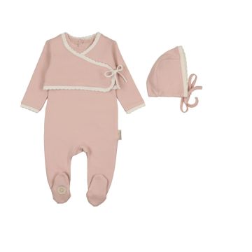 Mon Tresor Scalloped Wrap Cardigan Footie & Hat Set Orchid Pink