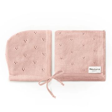 Bleu la la knit pointelle blanket and bonnet gift set pink