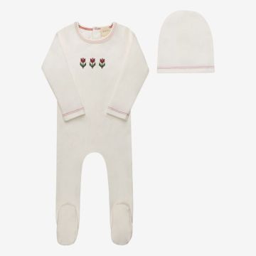 Aurora Cotton Crossstich Tulip Collection Ivory Pink Footie + Beanie