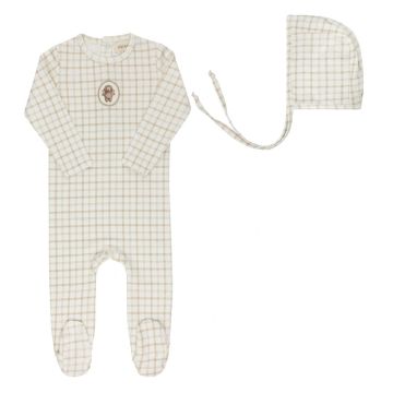 Ely's and Co Plaid Sheep Footie+Bonnet Beige