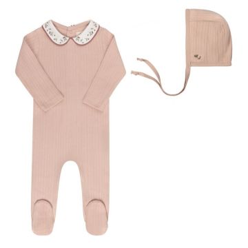 Ely's and Co Floral Embroidered Collar Footie+Bonnet