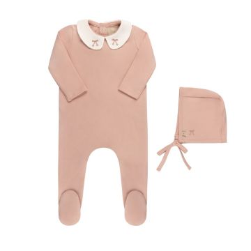 Tricot Embroidered Collar Footie And Hat Pink