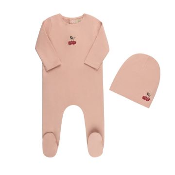 Tricot Embroidered Cherries Pink footie And Hat