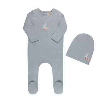 Tricot Embroidered Boat Footie And Hat Blue