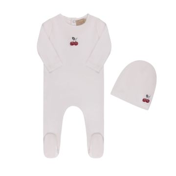 Tricot Embroidered Cherries White Footie And Hat