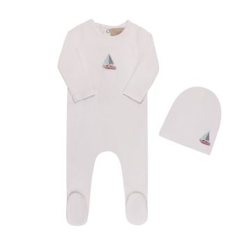 Tricot Embroidered Boat Footie And Hat White