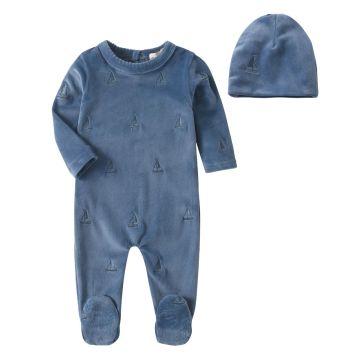 Mon Cheri Embroidered Boats Footie Blue