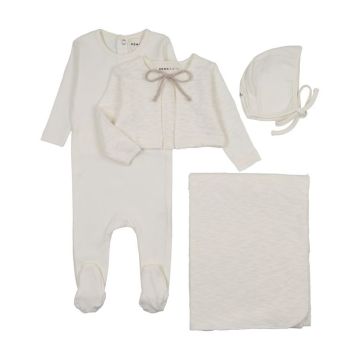 Mema Knits POINTELLE FOOTIE + SLUB CARDIGAN FOUR PIECE SET